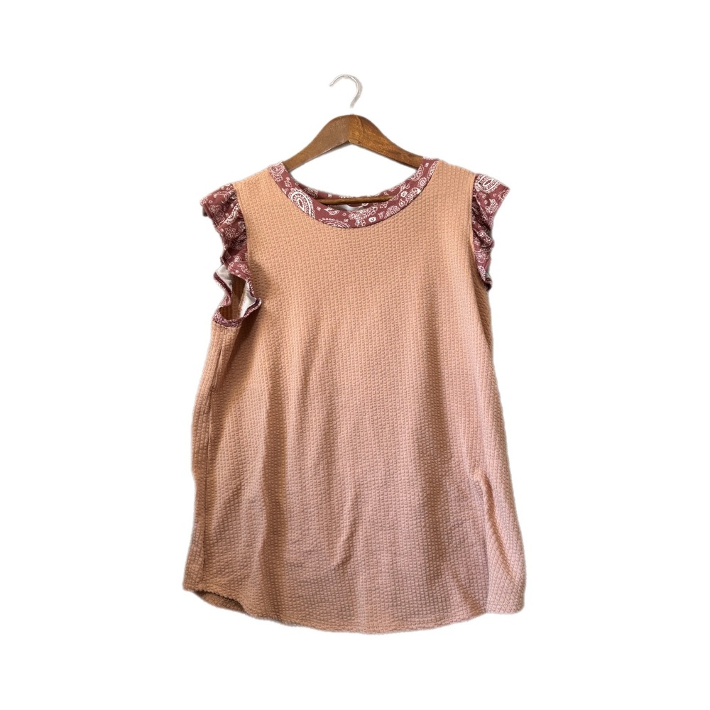 Ces Femme Waffle Knit Top Womens Large Peach Good Paisley Ruffle Sleeve Boho